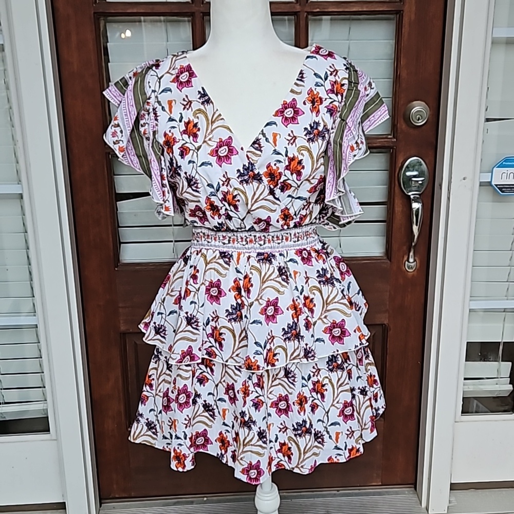 CELINA MOON Floral Ruffle Mini Dress - White and Pink